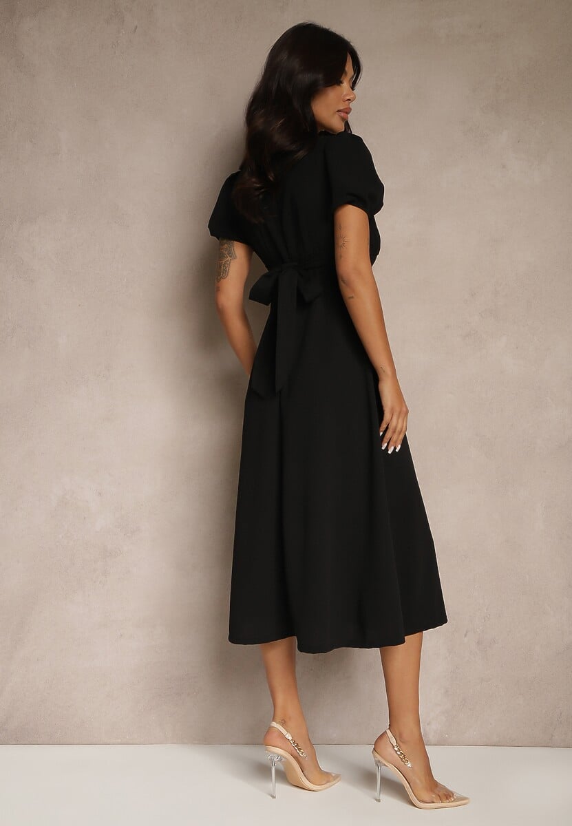 Czarna Rozkloszowana Sukienka Koktajlowa Ozdobiona Wiązaniem Ziverine