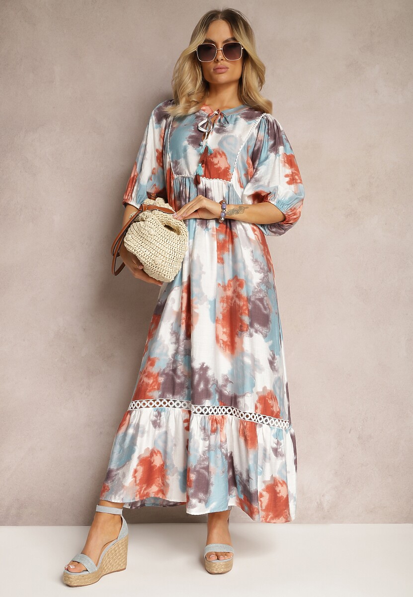 Beżowa Sukienka w Stylu Boho z Krótkim Rękawem z Falbanką i Rękawem 3/4 Valendra