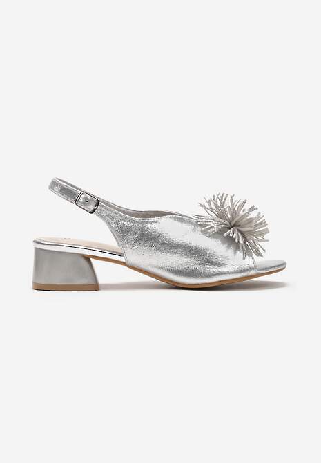 Srebrne Sandały Vices na Słupku ze Skórzaną Wkładką z Pomponem i Cyrkoniami Tiraga