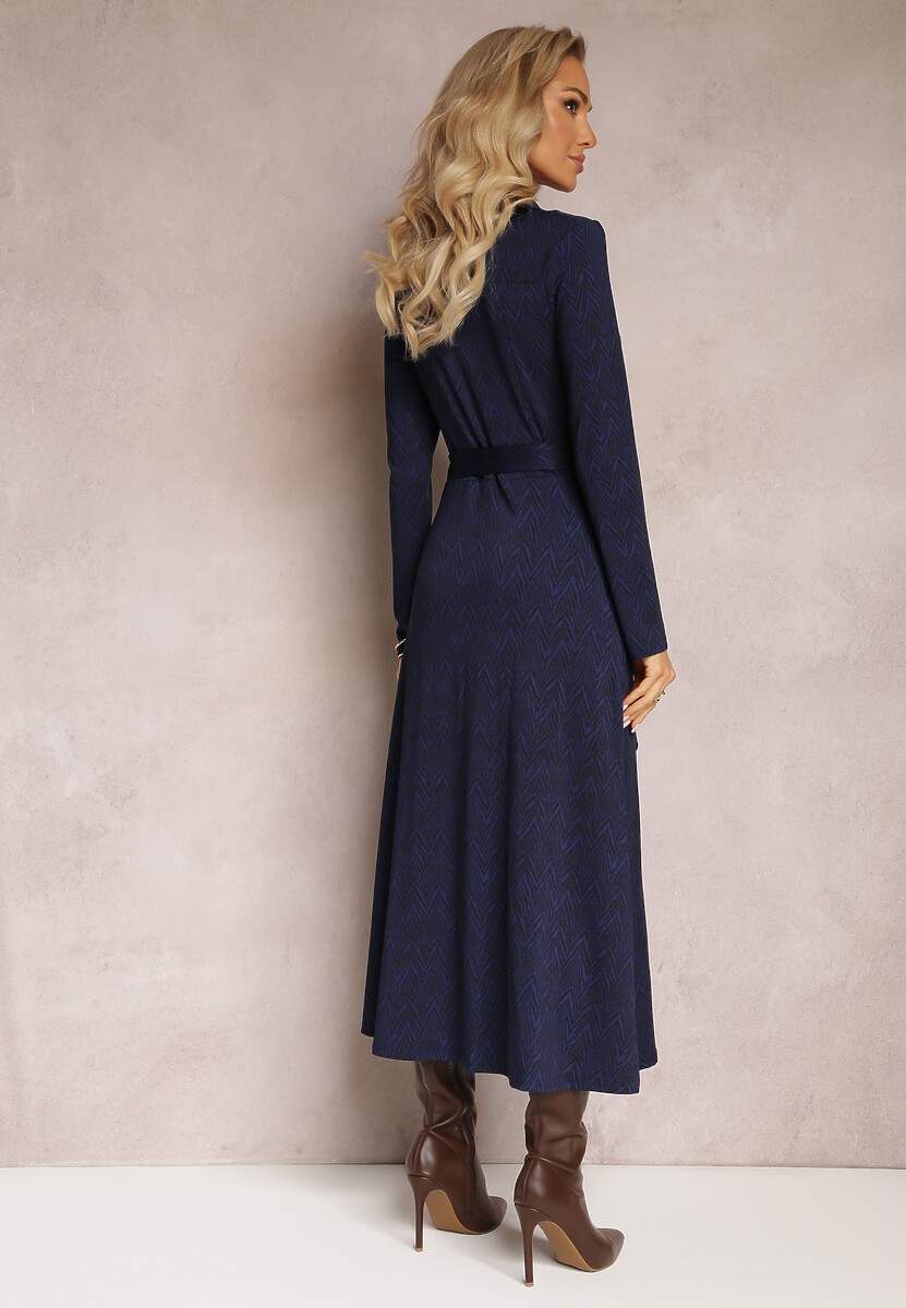 Granatowa Koszulowa Sukienka Midi z Wiązanym Paskiem Xudilla