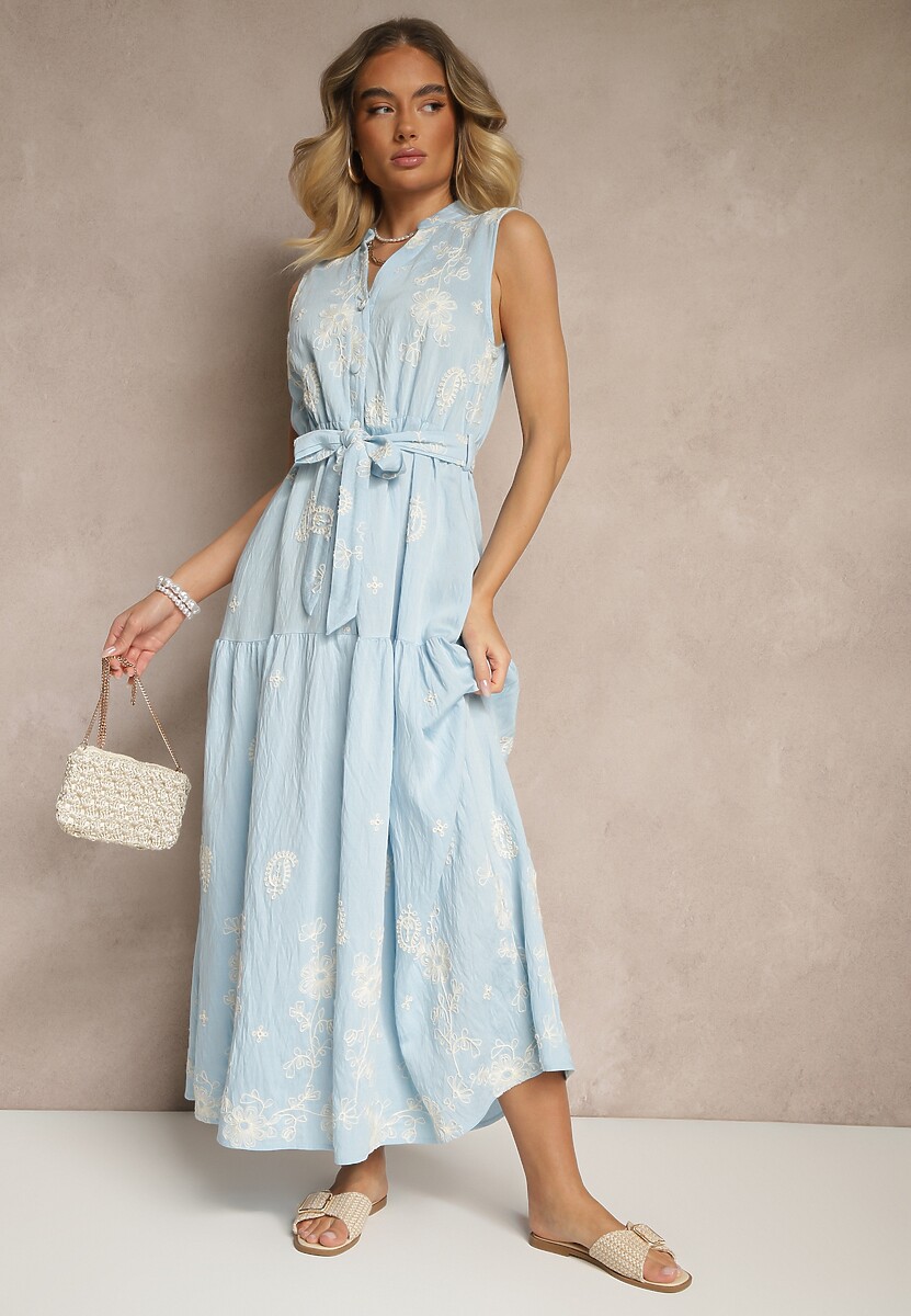 Jasnoniebieska Sukienka Bez Rękawów z Koszulową Górą Ozdobiona Haftem Mepiora