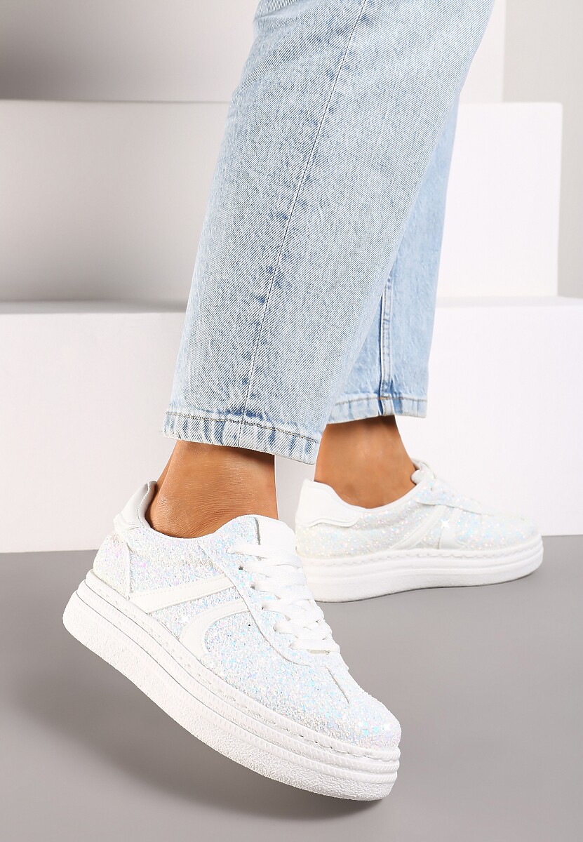 Beżowo-Złote Brokatowe Sneakersy na Niskiej Platformie Nevilinna