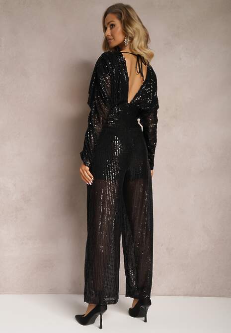Czarny Długi Kombinezon w Cekiny z Wycięciami Tivolia