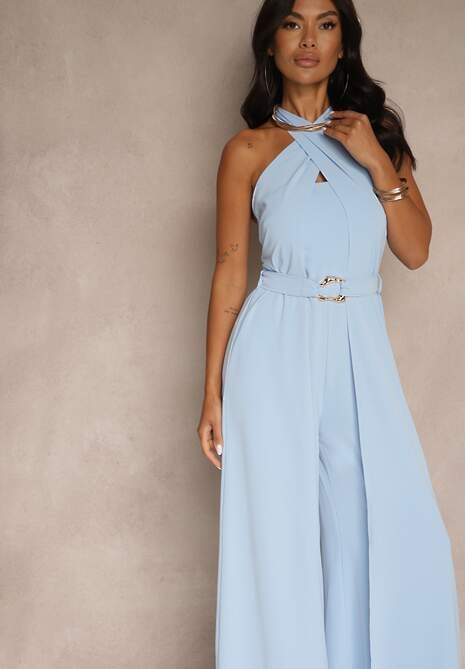 Niebieski Kombinezon Koktajlowy Ozdobiony Paskiem z Metaliczną Klamrą Zermira