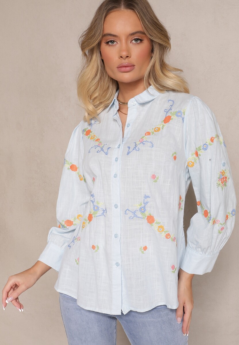 Biała Bawełniana Koszula z Haftem i Regulacją przy Rękawach Donithia