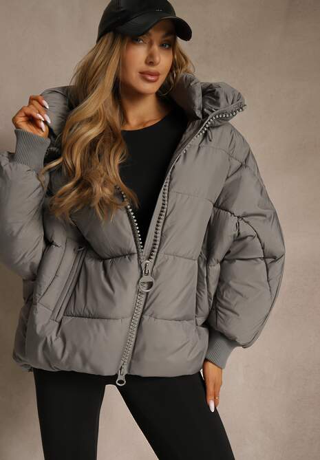 Szara Oversizowa Kurtka Puffer z Kaputrem Mevenassa
