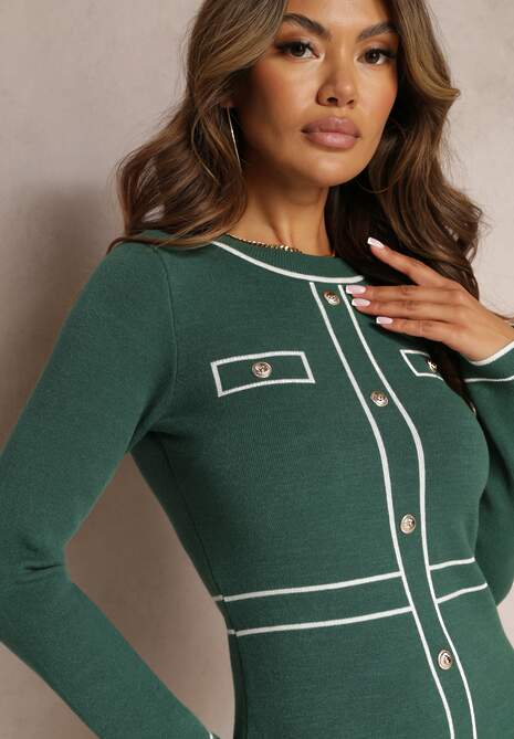 Zielona Dzianinowa Sukienka z Guzikami i Przeszyciami Josphinne