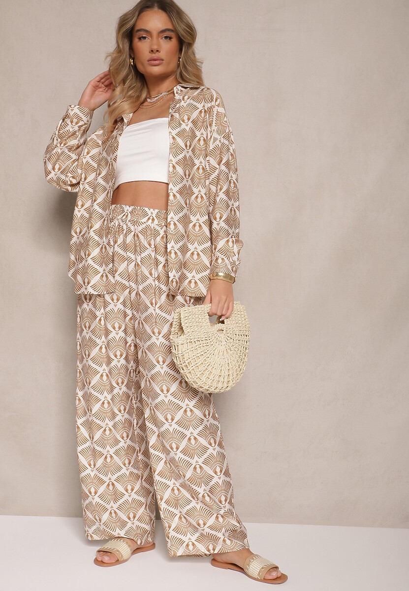 Beżowo-Brązowy Komplet z Wiskozy Koszula i Spodnie w Ornamentalny Print Desanelia