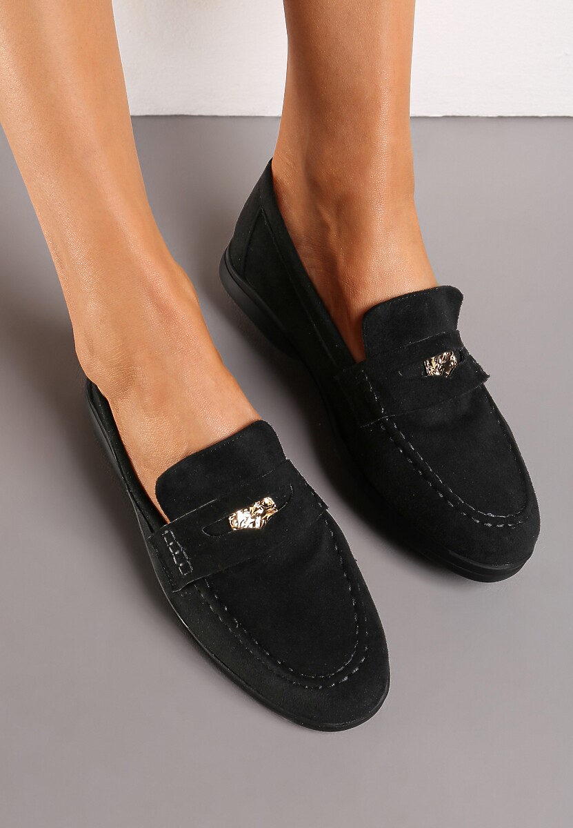 Czarne Klasyczne Mokasyny z Imitacji Zamszu z Klamerką Dorellia