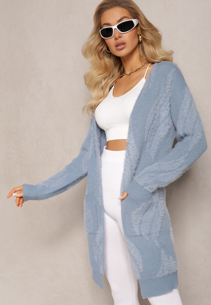 Niebieski Luźny Kardigan Niezapinany z Dłuższym Włosiem Karsta