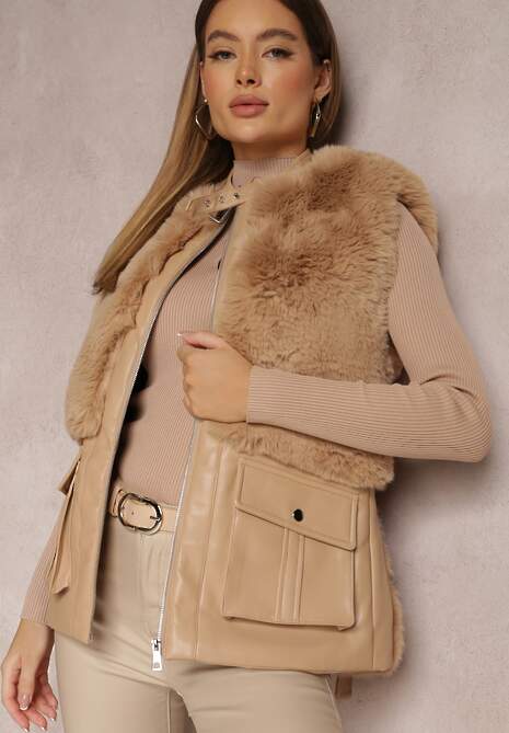 Beżowa Kamizelka  z Futerka i Ekoskóry Wiązana w Pasie Ondoli