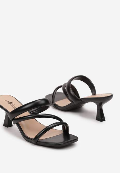 Czarne Klapki na Szpilce Kaczuszce z Ozdobnymi Paskami Neolaris