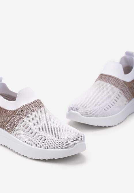 Biało-Beżowe Buty Sportowe z Nadrukiem Obmre i Skarpetkową Cholewką Erinevia