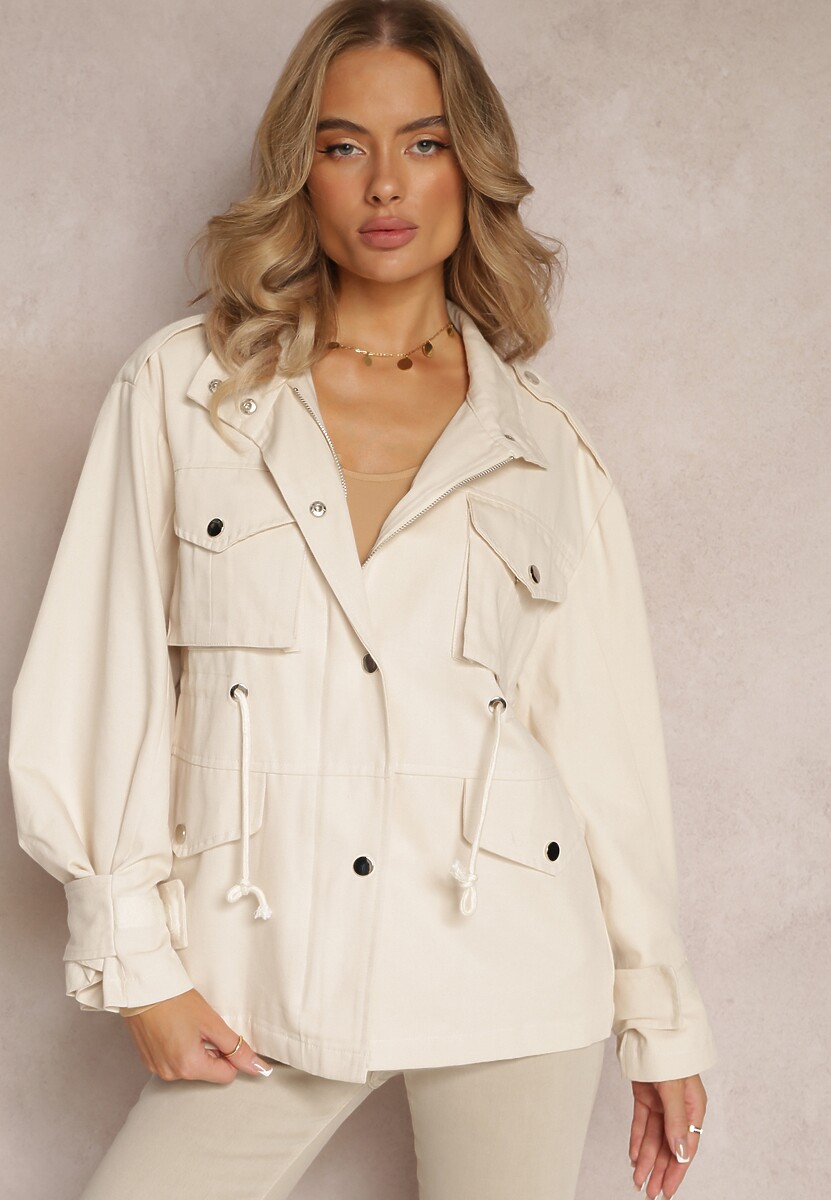 Jasnobeżowa Kurtka Parka z Dużymi Kieszeniami Umaila