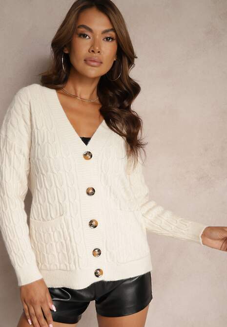 Jasnobeżowy Zapinany Kardigan z Trójkątnym Dekoltem i Warkoczykowy Splot Juessa