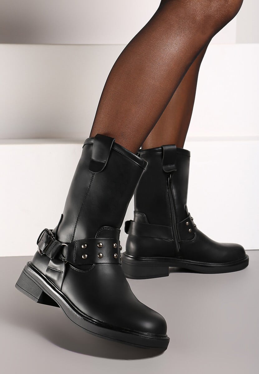 Czarne Motocyklowe Botki na Płaskiej Podeszwie Patina