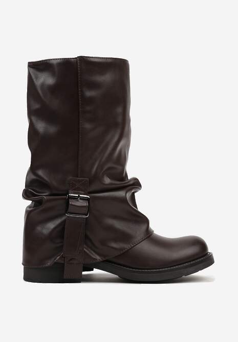 Brązowe Botki Bikery z Wywiniętą Cholewką z Marszczeniem i Klamrą Fenilea