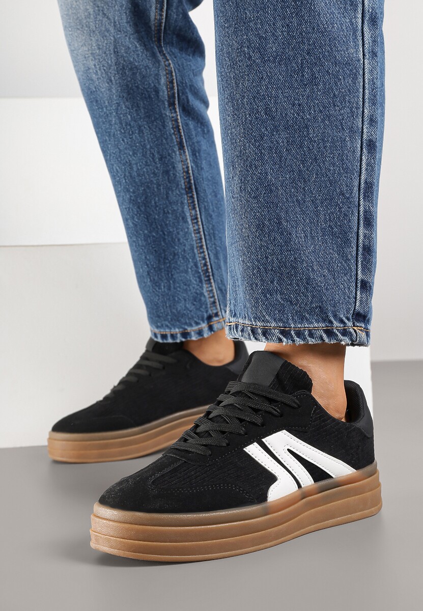 Czarne Sneakersy Tenisówki na Platformie z Tłoczeniem i Geometrycznym  Motywem Kialie
