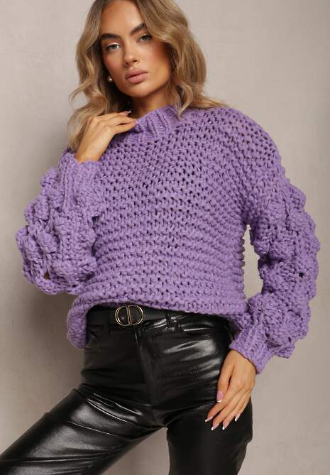 Fioletowy Klasyczny Golf z Ozdobnym Splotem na Rękawach Biska