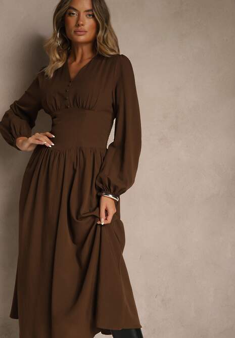 Brązowa Gorsetowa Sukienka z Wiskozą z Guzikami i Bufiastymi Rękawami Ahlite