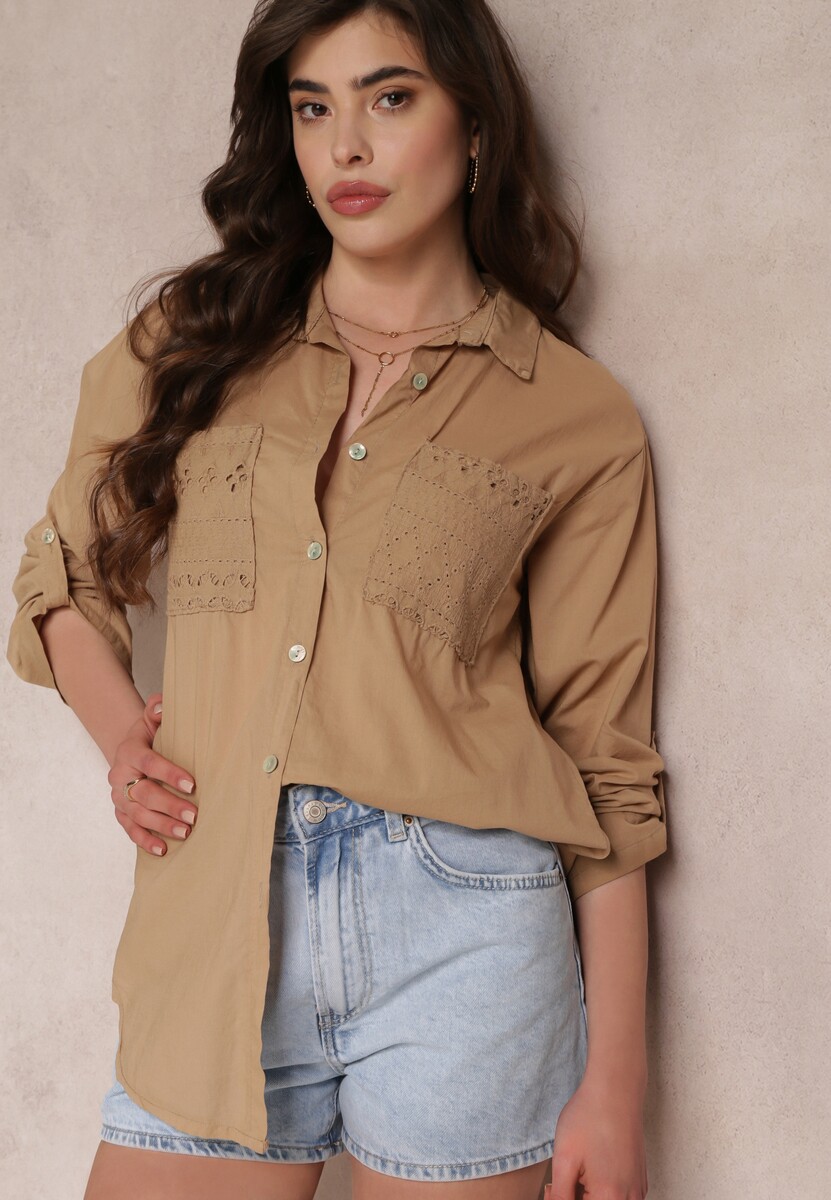 Brązowa Koszula z Ozdobnymi Kieszeniami z Bawełny Galiana