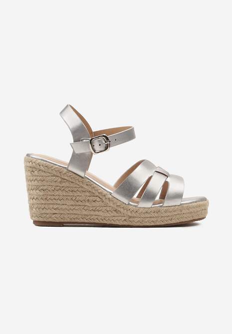 Srebrne Sandały na Koturnie z Przeplatanymi Paseczkami i Plecionką Pearlina