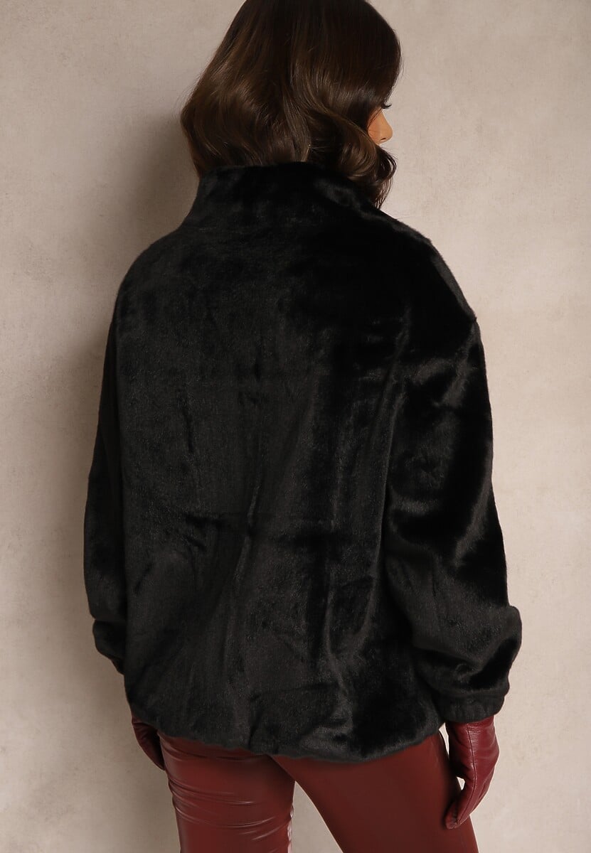 Czarna Kurtka ze Stójką z Futerka na Suwak Izanithea