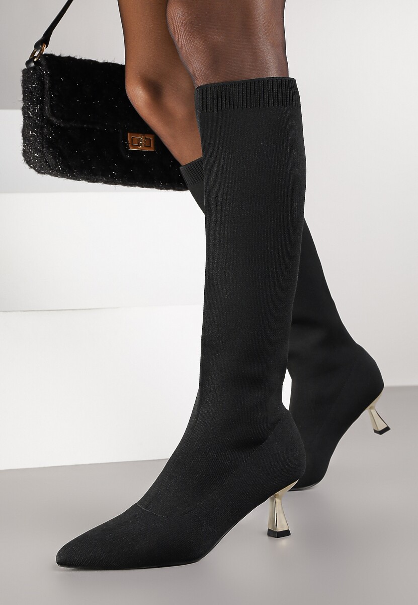 Czarno-Złote Kozaki Vices na Kaczuszce Ozdobione Skarpetową Cholewką Asonelle