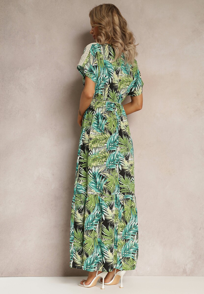 Zielono-Czarna Maxi Sukienka z Wiskozy w Kwiatowy Print ze Sznurkiem w Talii Anukka