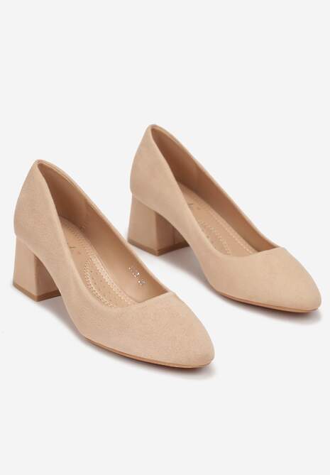 Beżowe Czółenka na Słupku z Imitacji Zamszu Challis