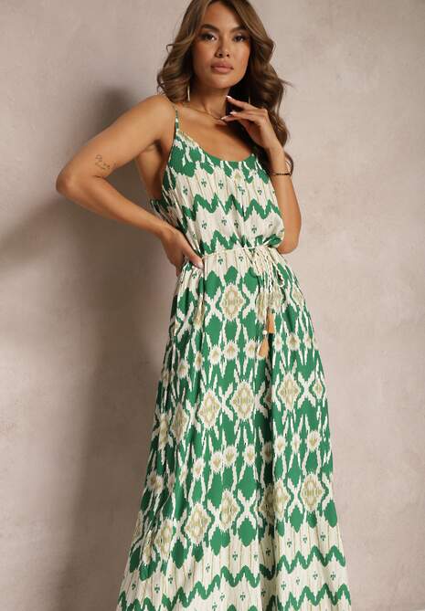 Zielony Kombinezon z Wiskozy na Cienkich Ramiączkach o Geometrycznym Wzorze z Paskiem Vikine