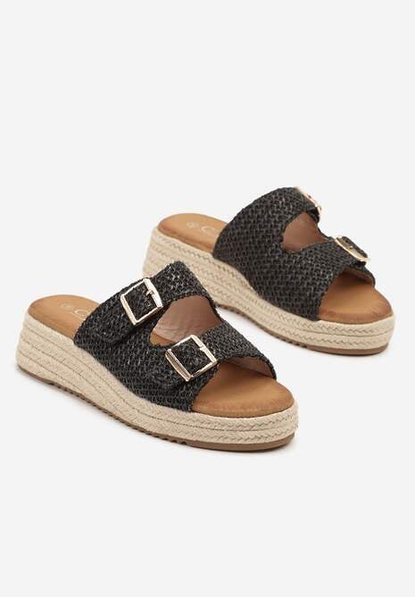 Czarne Klapki na Plecionej Podeszwie Ozdobionej Klamrami Liaritia