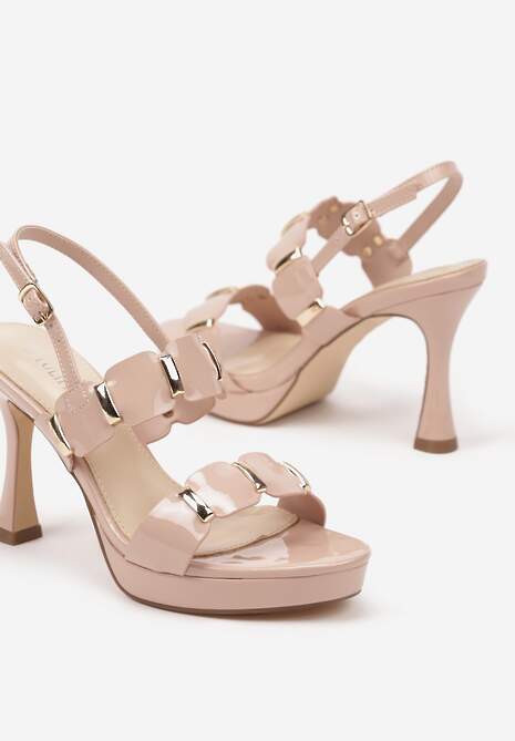 Beżowe Lakierowane Sandały na Szpilce z Ozdobnymi Paskami Vilamia