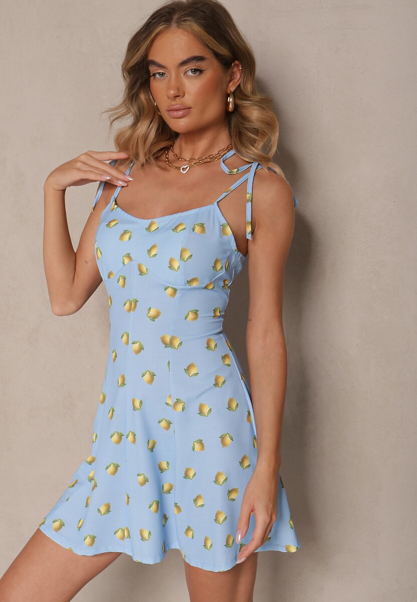 Jasnoniebieska Sukienka na Cienkich Wiązanych Ramiączkach w Cytrynowy Print Efrinira