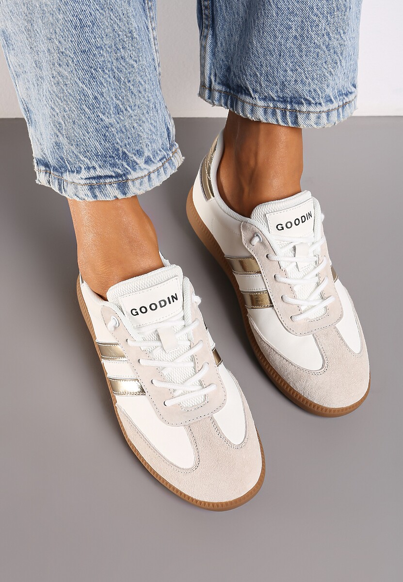 Biało-Złote Sneakersy ze Skóry Naturalnej na Płaskiej Podeszwie Wykończone Paskami Navinda