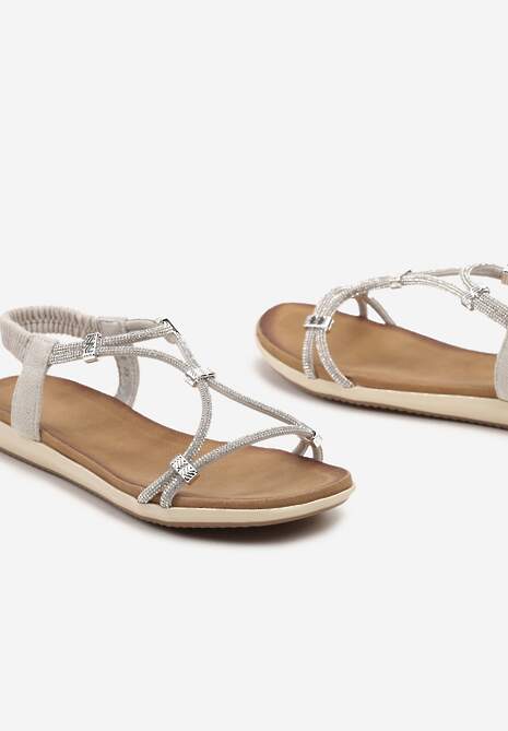 Srebrne Wsuwane Sandały z Wkładką z Imitacji Skóry Ozdobione Cyrkoniami Deloema