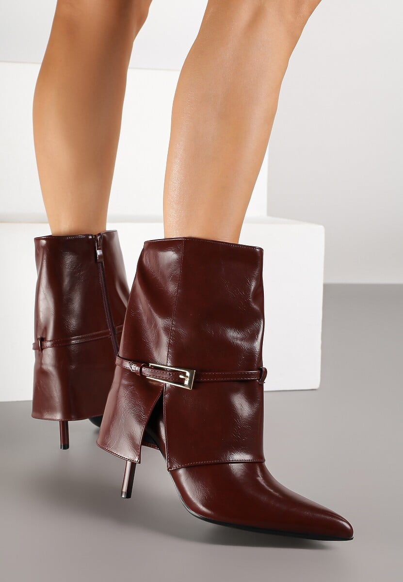 Bordowe Botki na Szpilce Ozdobione Paskiem i Wywiniętą Cholewką Latasea