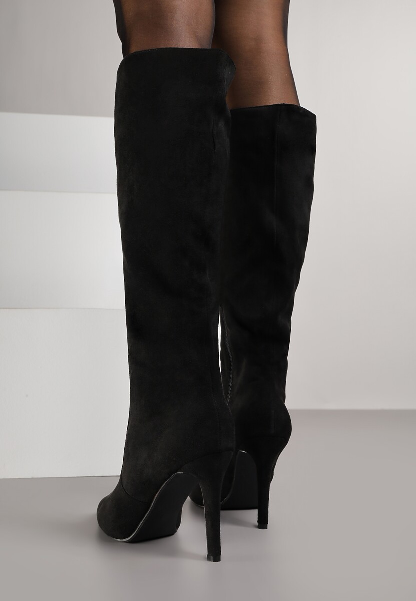 Czarne Kozaki przed Kolano na Szpilce z Noskiem w Szpic Modara