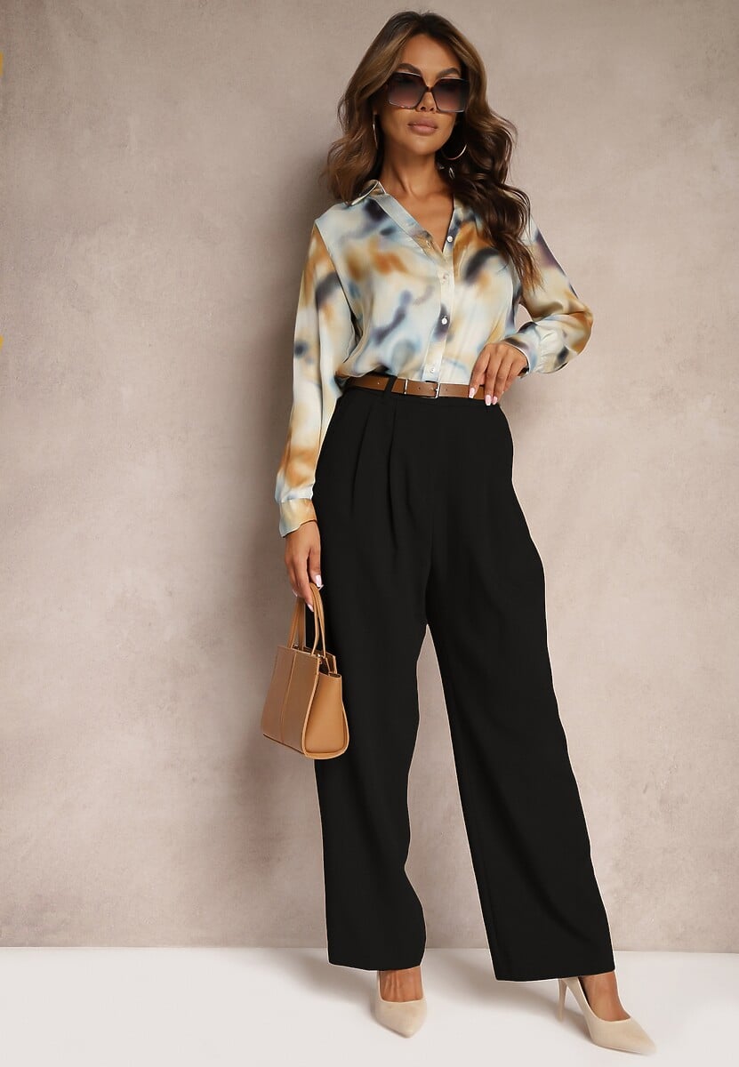 Czarne Garniturowe Spodnie High Waist o Szerokim Kroju z Dodatkiem Wiskozy Mavaira