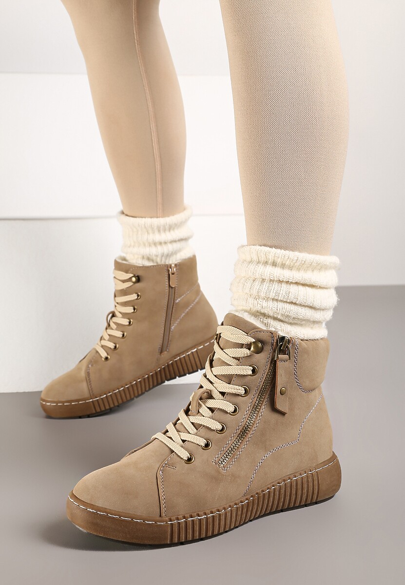 Ciemnobeżowe Traperki Sportowe ze Sznurowaniem i Ociepleniem Persetina