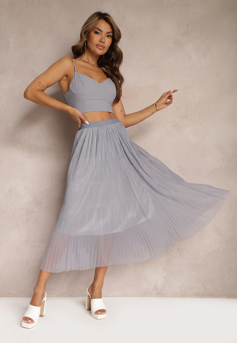 Jasnobeżowa Rozkloszowana Spódnica z Tiulu Wykończona Gumką w Pasie Risshara