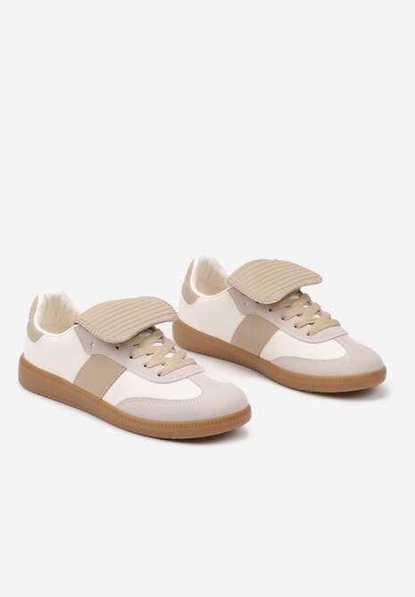 Beżowe Sznurowane Płaskie Sneakersy z Geometrycznym Wzorem Felilva