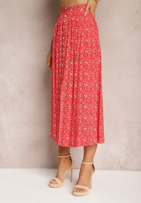 Czerwona Maxi Spódnica Rozkloszowana w Kwiaty z Guzikami Kessame
