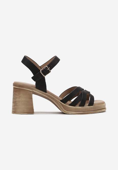 Czarne Sandały z Imitacji Skóry na Słupku Zapinane Wokół Kostki Ploelia