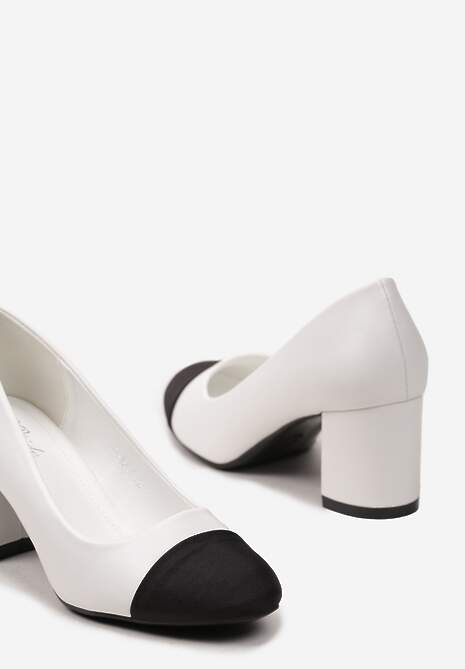 Białe Czółenka na Klasycznym Słupku z Ozdobnym Okrągłym Noskiem Rokseta