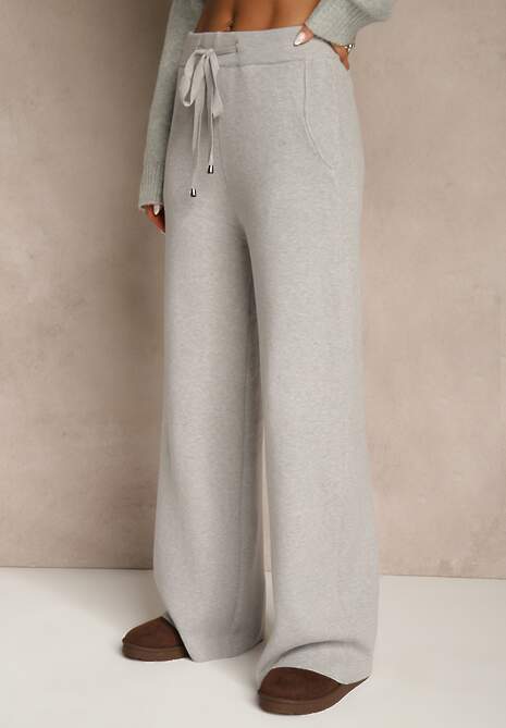 Szare Szerokie Spodnie Dzianinowe Ozdobione Sznurkami Meretusa