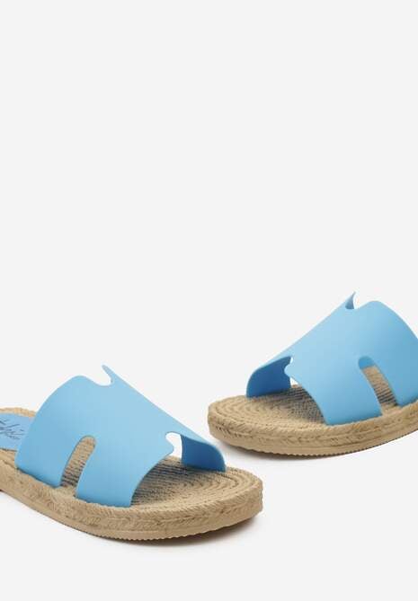 Niebieskie Klapki z Plecioną Podeszwą i Szerokim Paskiem z Wycięciami Ailsine