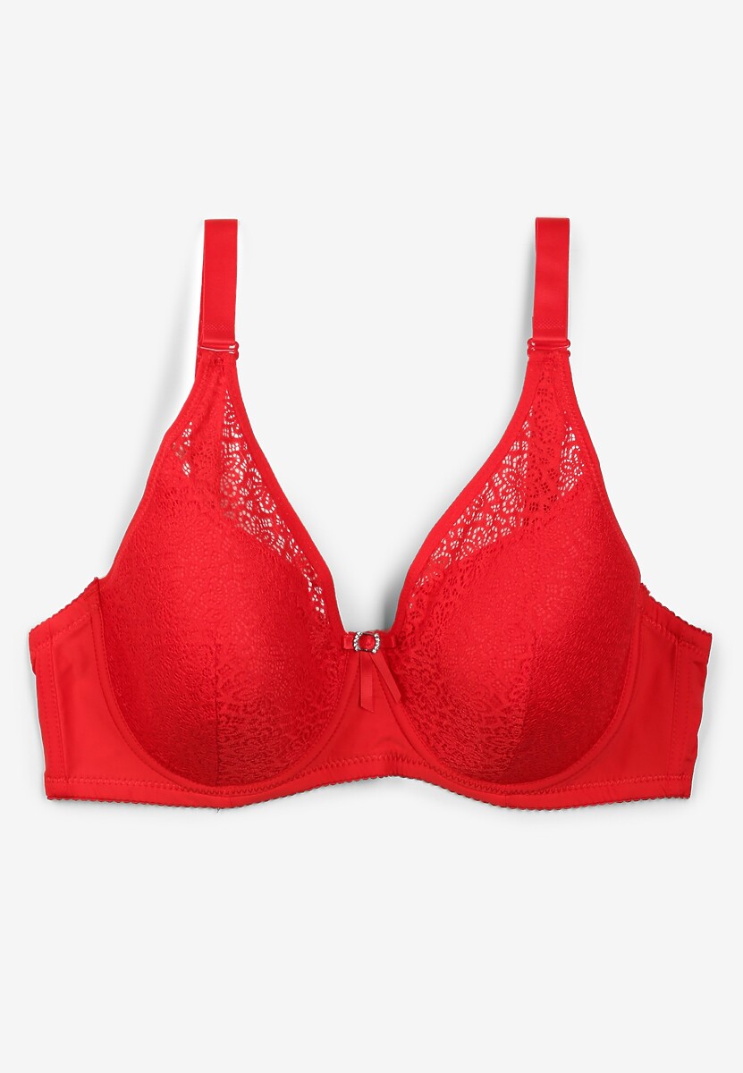 Czerwony Koronkowy Biustonosz Full Cup z Ozdobnymi Cyrkoniami na Kokardce Nikoriana