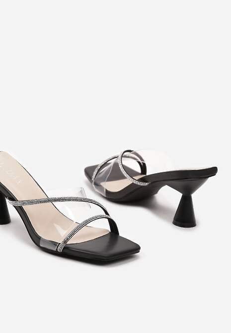 Czarne Klapki z Transparentnym Paskiem na Stożku Ozdobione Cyrkoniami Moarixia