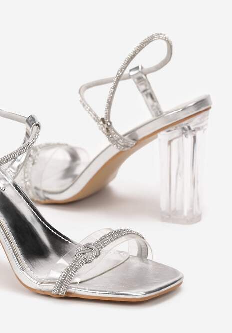 Srebrne Sandały w Cyrkonie na Transparentnym Słupku  Shimam